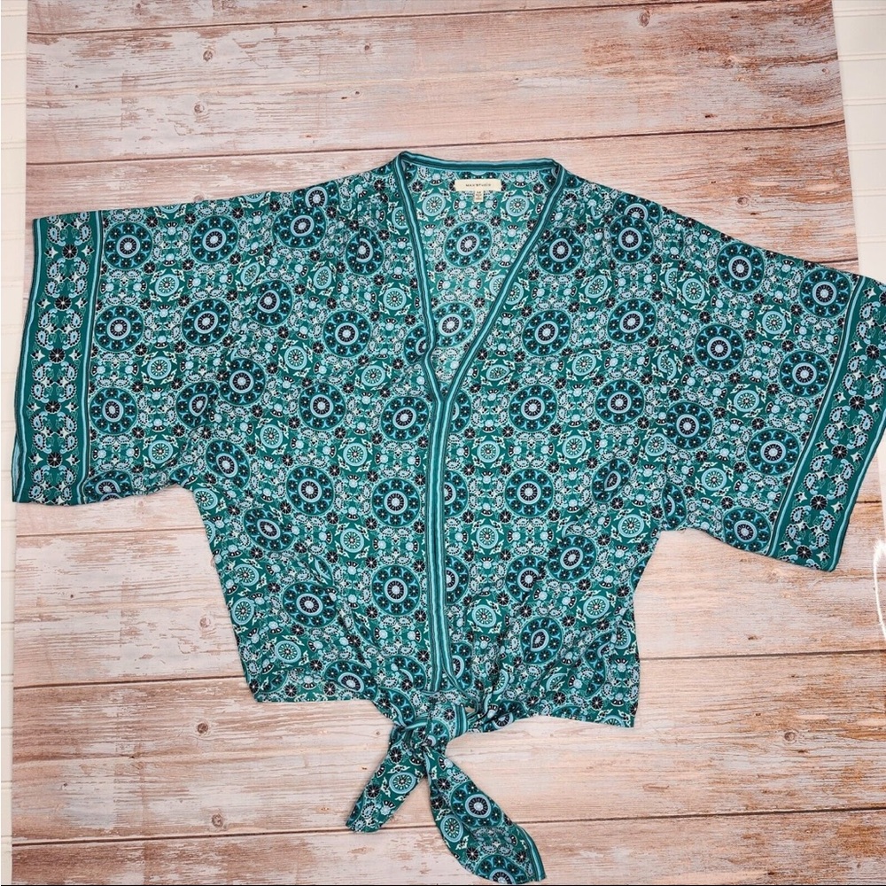 Max Studio Kimono Top Teal Blue Medallion Print Tie Front Blouse Size M